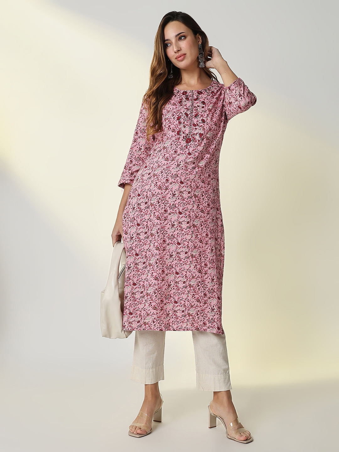 Women Pink Floral Straight Kurta