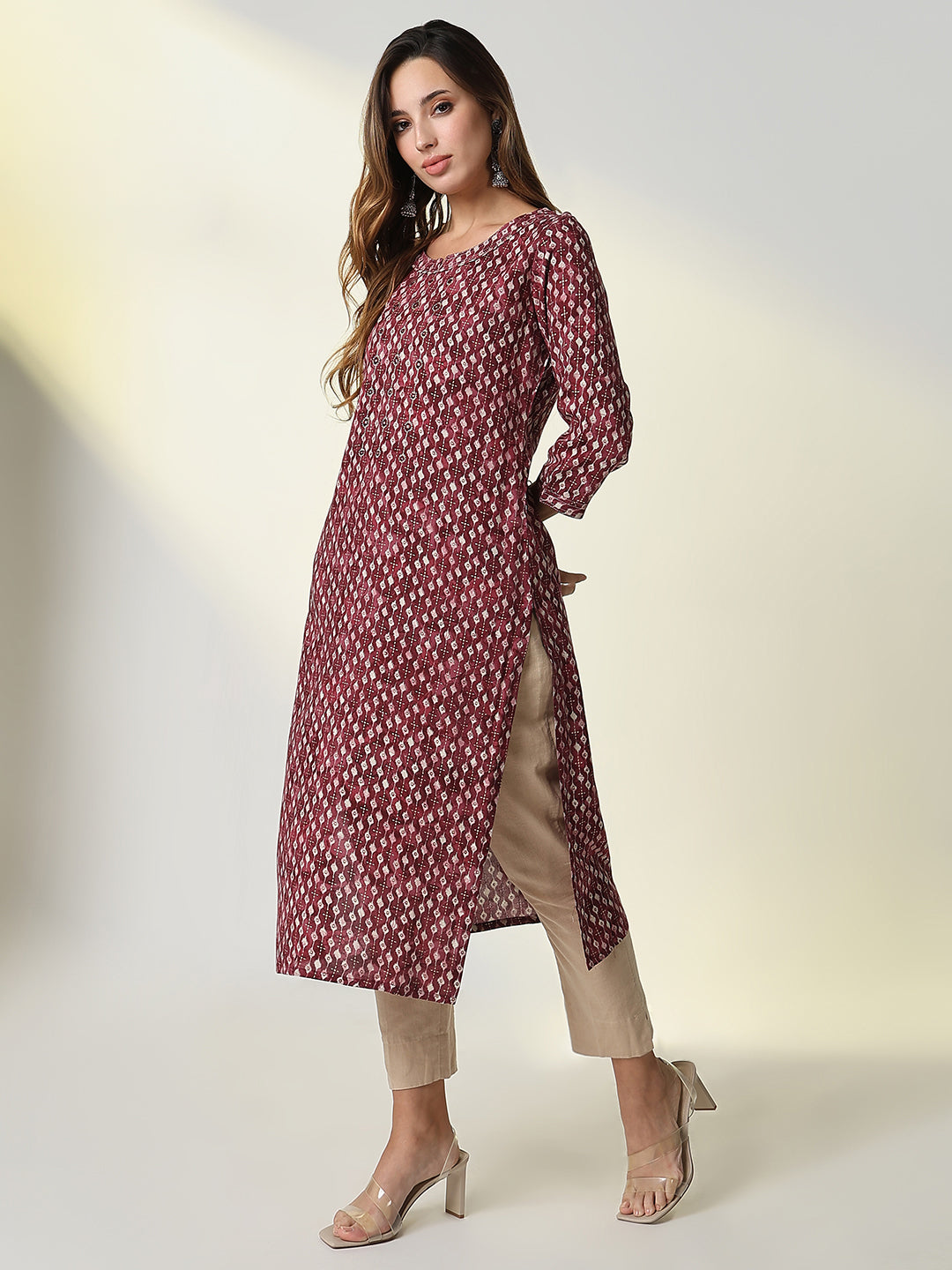 Women Maroon Graphic Straight Kurta