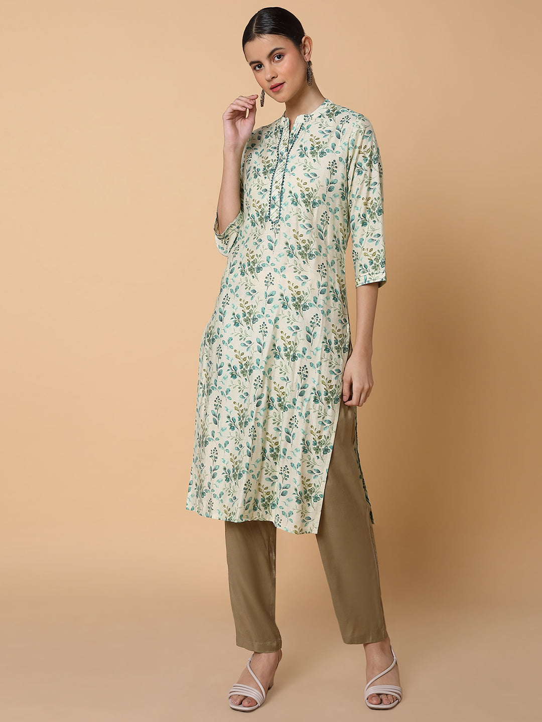 Women Straight Sequins Cream Floral Kurta