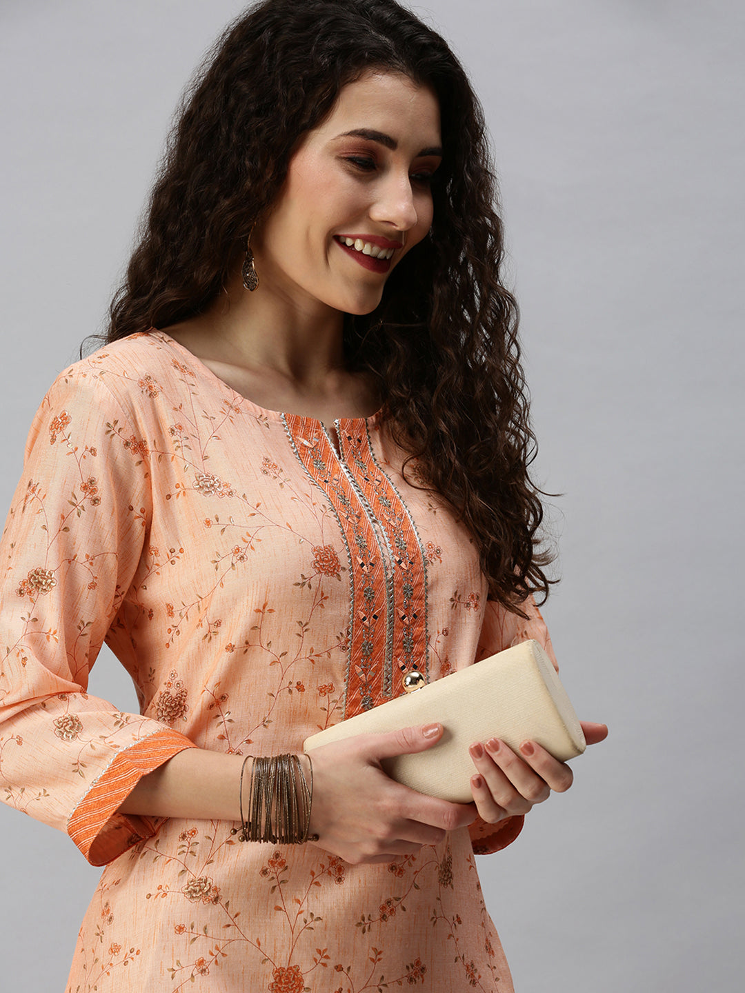 Women Printed Orange Straight Kurta