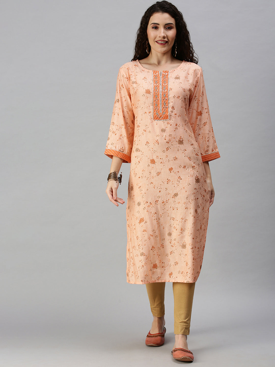 Women Printed Orange Straight Kurta