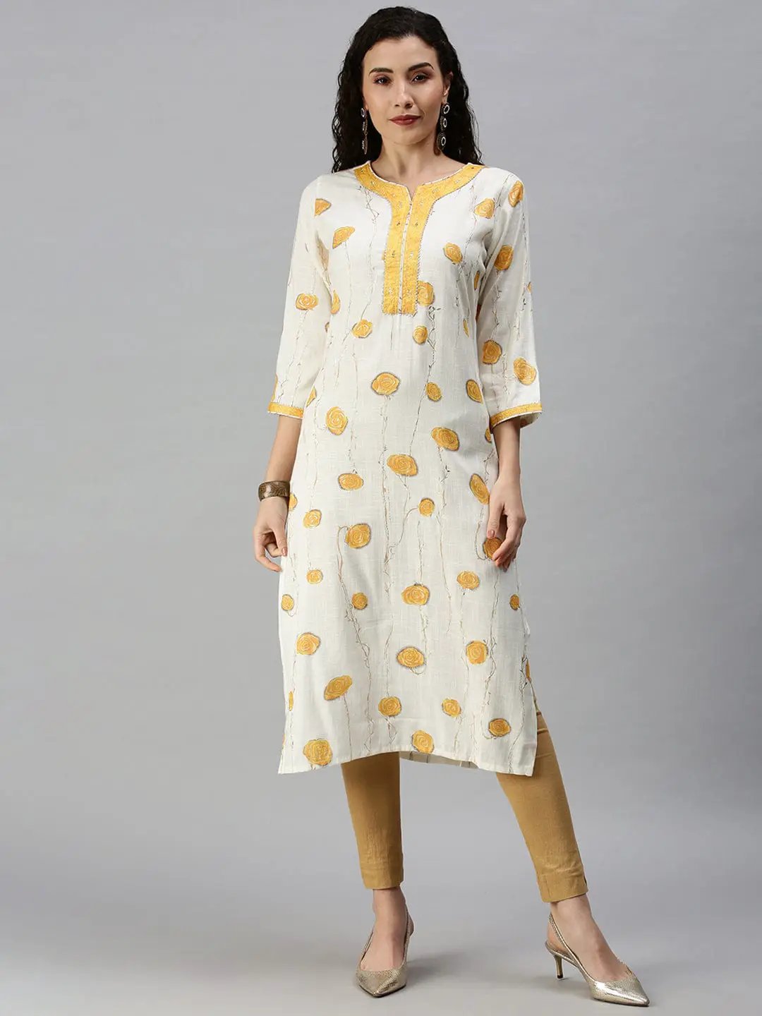 Women's V-Neck Printed Yellow Straight Kurta