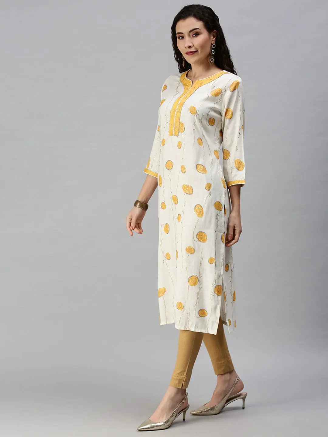 Women's V-Neck Printed Yellow Straight Kurta