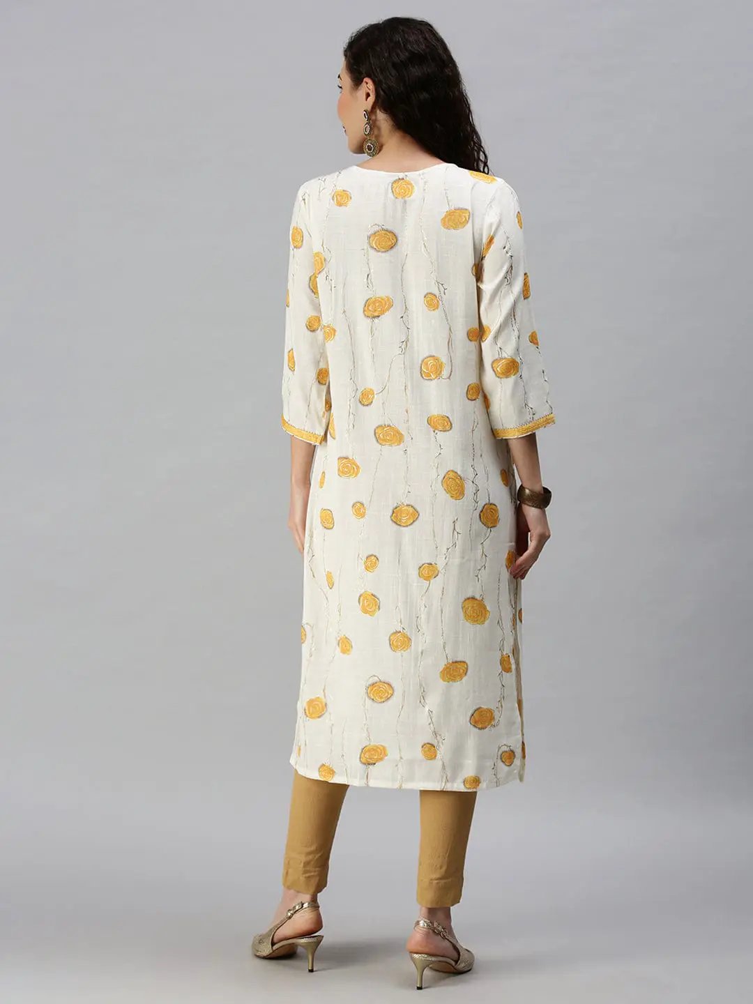 Women's V-Neck Printed Yellow Straight Kurta