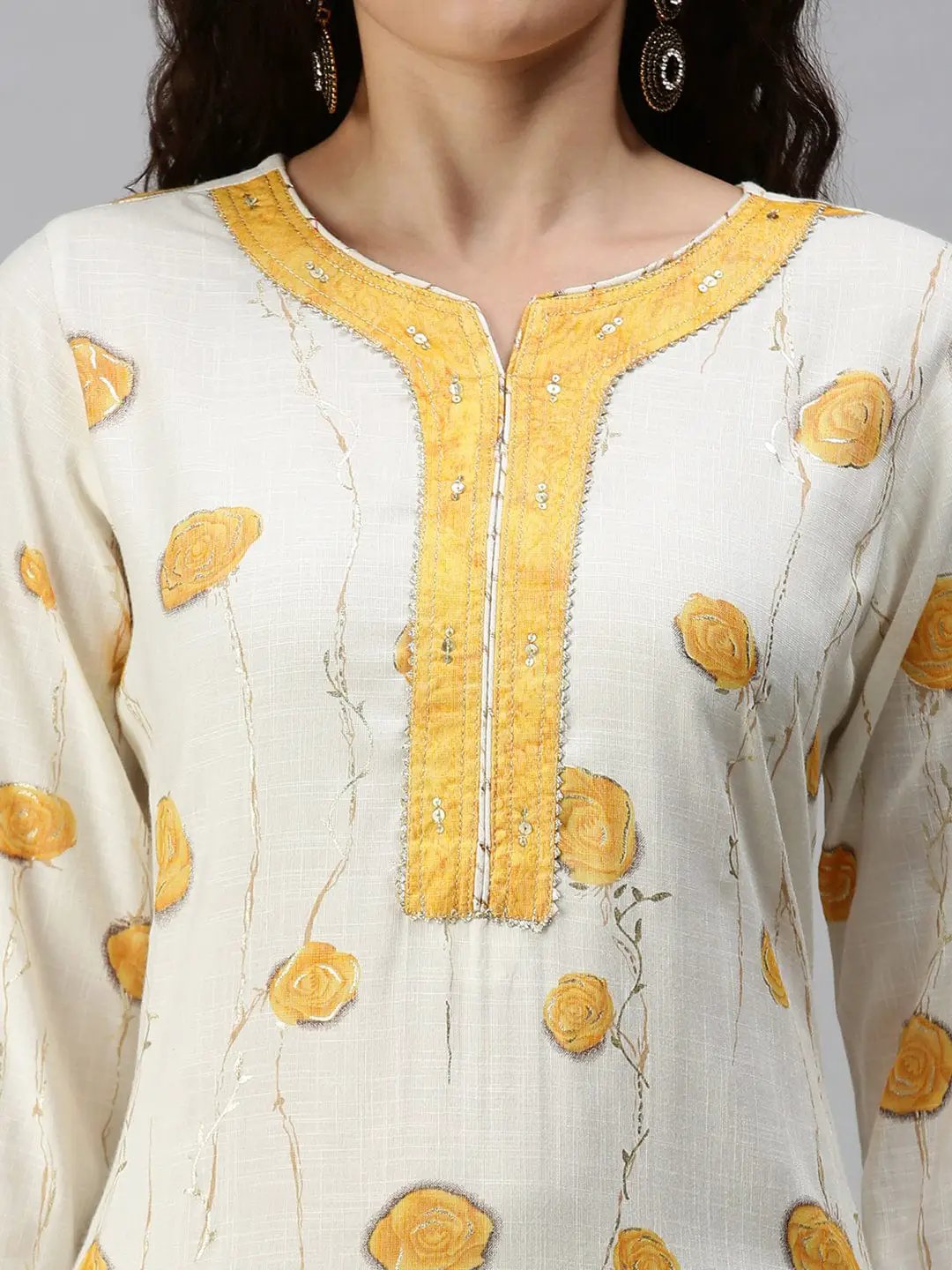 Women's V-Neck Printed Yellow Straight Kurta