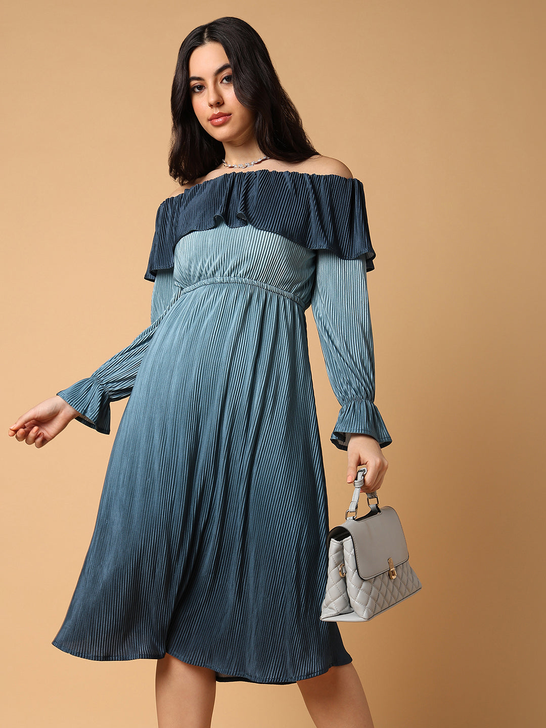 Shop Women's Teal Off-Shoulder Accordion Pleats Satin Fit & Flare Midi Dress| Showoffff Shop Women's Teal Off-Shoulder Accordion Pleats Satin Fit & Flare Midi Dress| Showoffff
