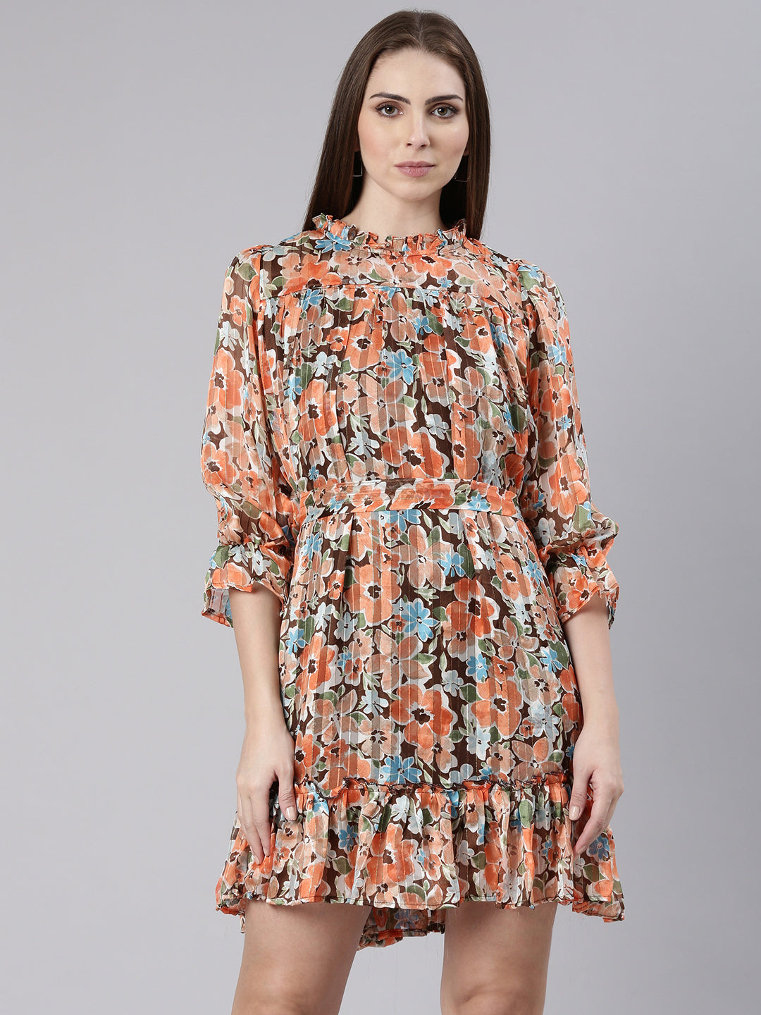 Women Orange Floral A Line Dress