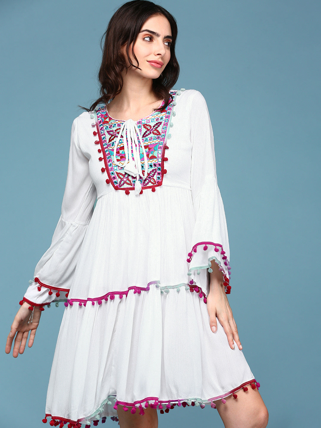 Women White Embroidered Fit and Flare Dress