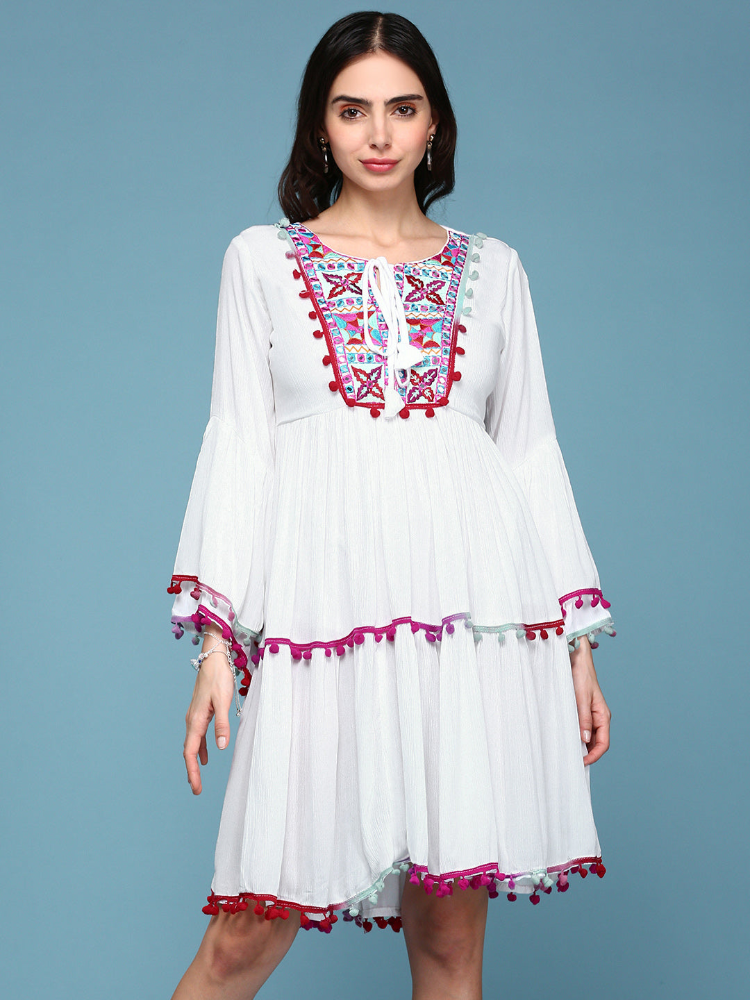 Women White Embroidered Fit and Flare Dress