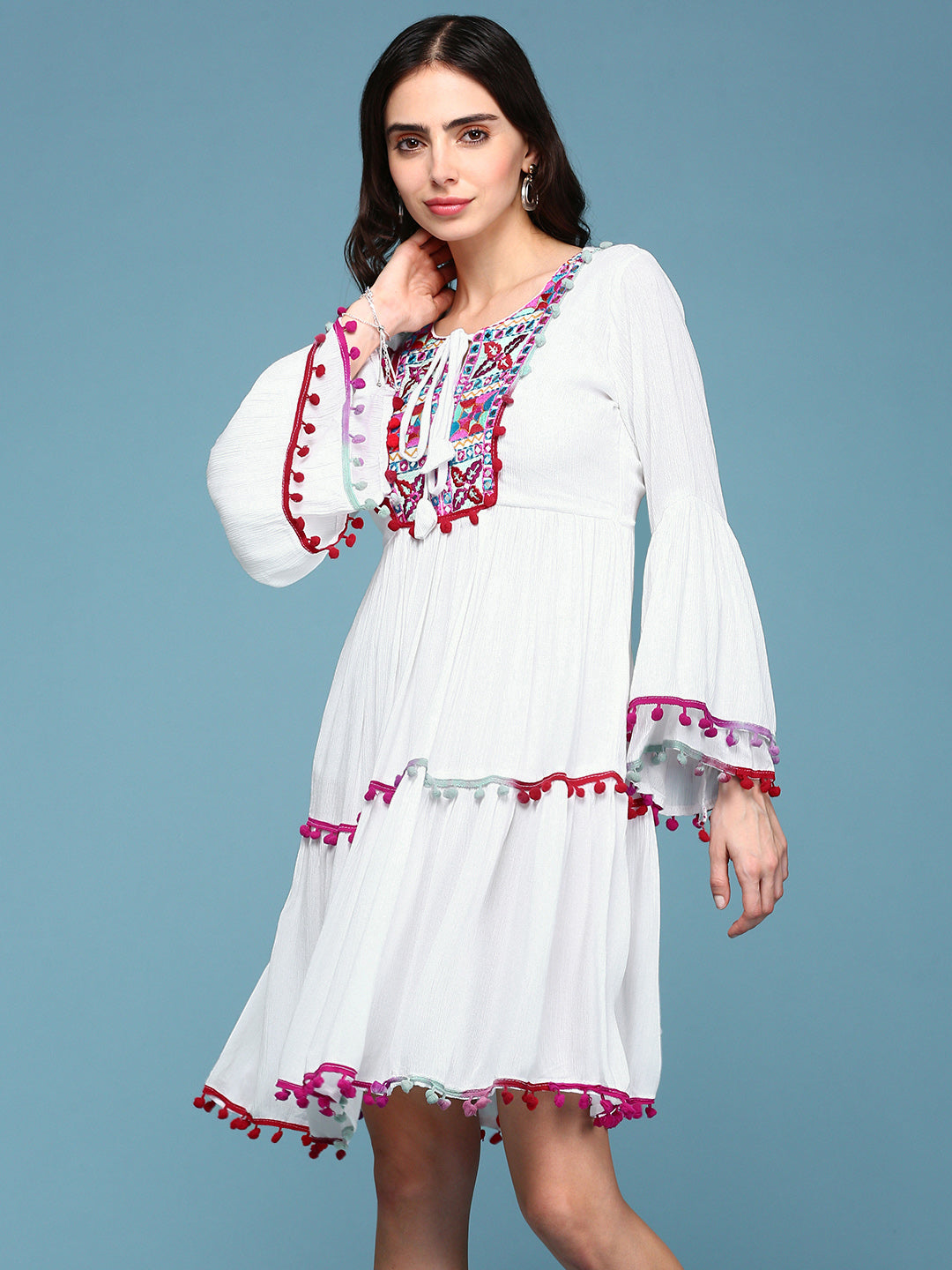 Women White Embroidered Fit and Flare Dress