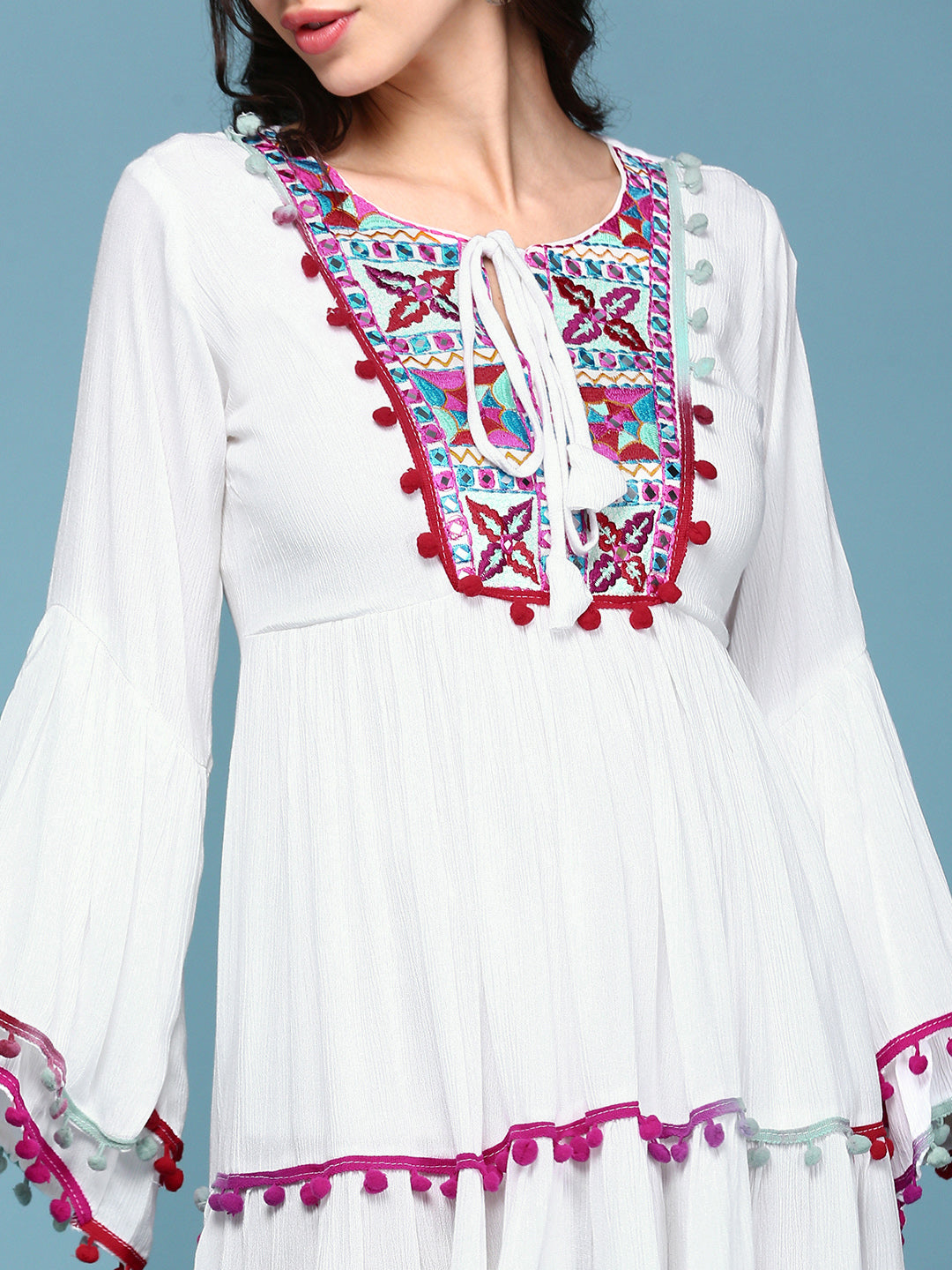 Women White Embroidered Fit and Flare Dress