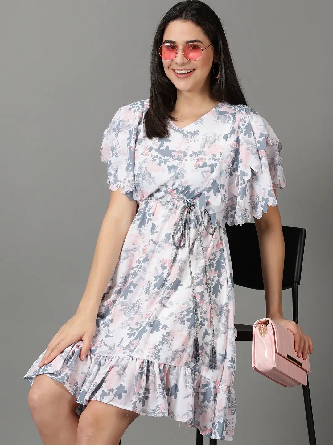 Women's V-Neck Printed Fit and Flare White Dress