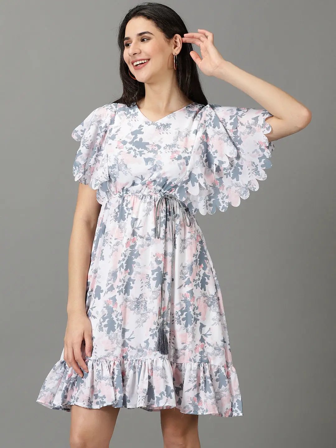 Women's V-Neck Printed Fit and Flare White Dress