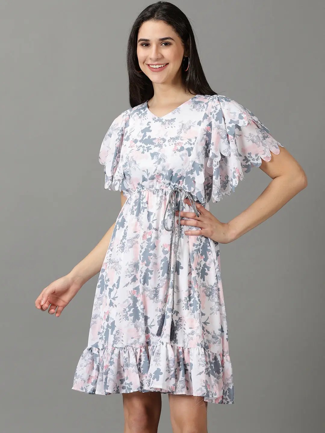 Women's V-Neck Printed Fit and Flare White Dress
