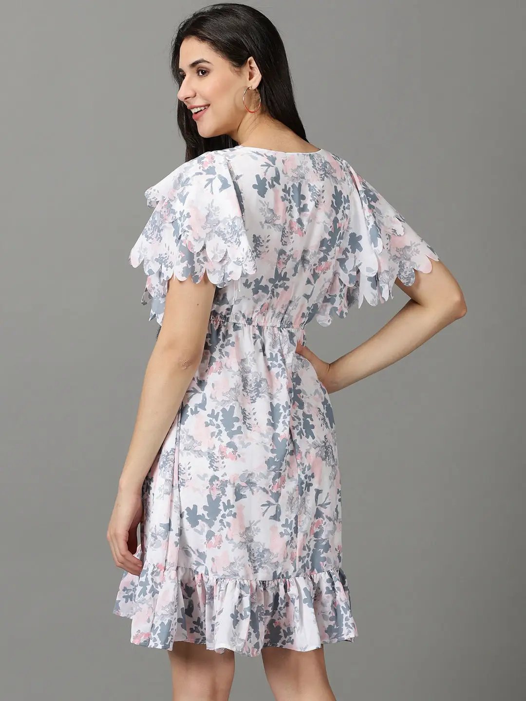 Women's V-Neck Printed Fit and Flare White Dress