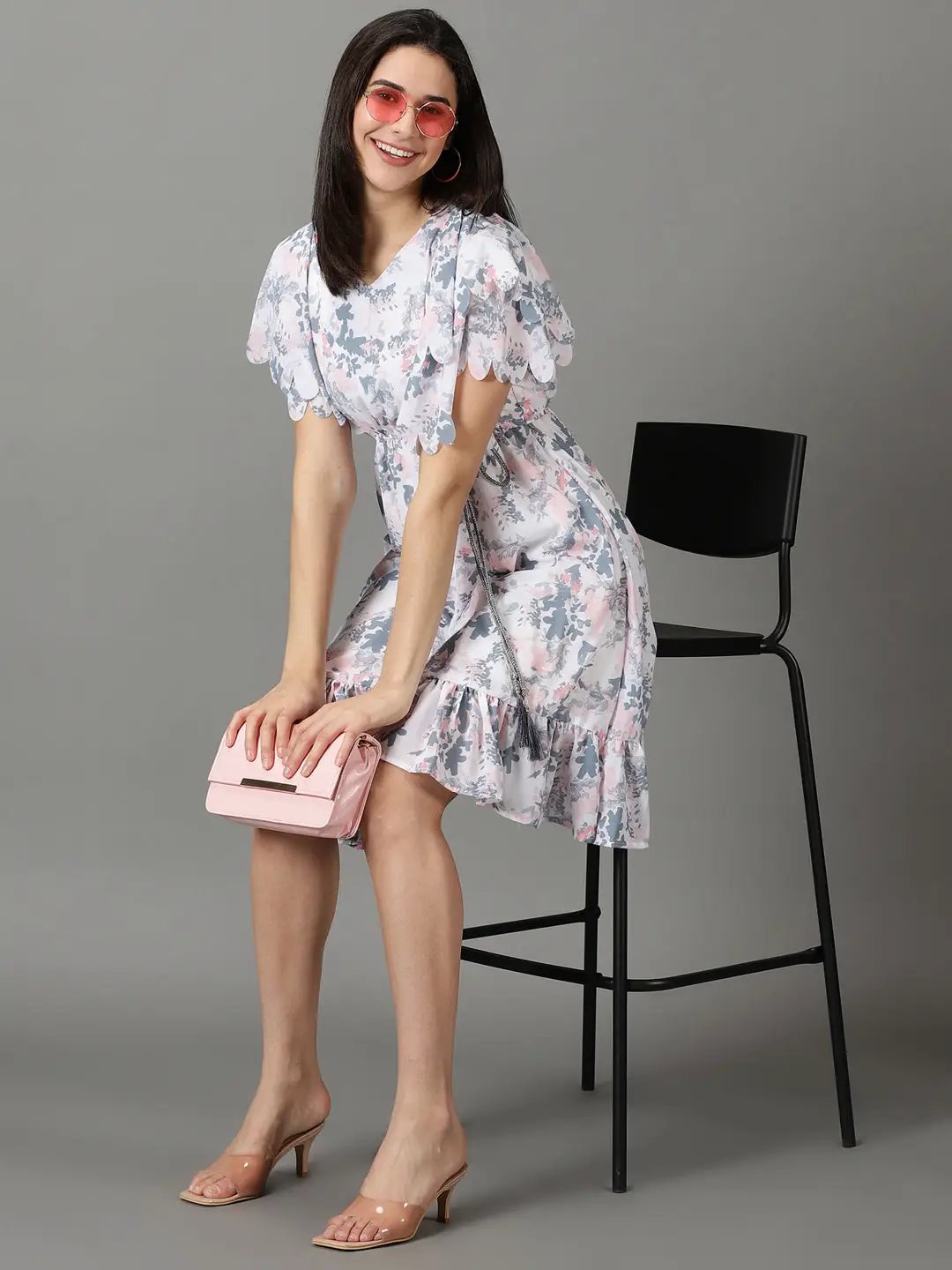 Women's V-Neck Printed Fit and Flare White Dress