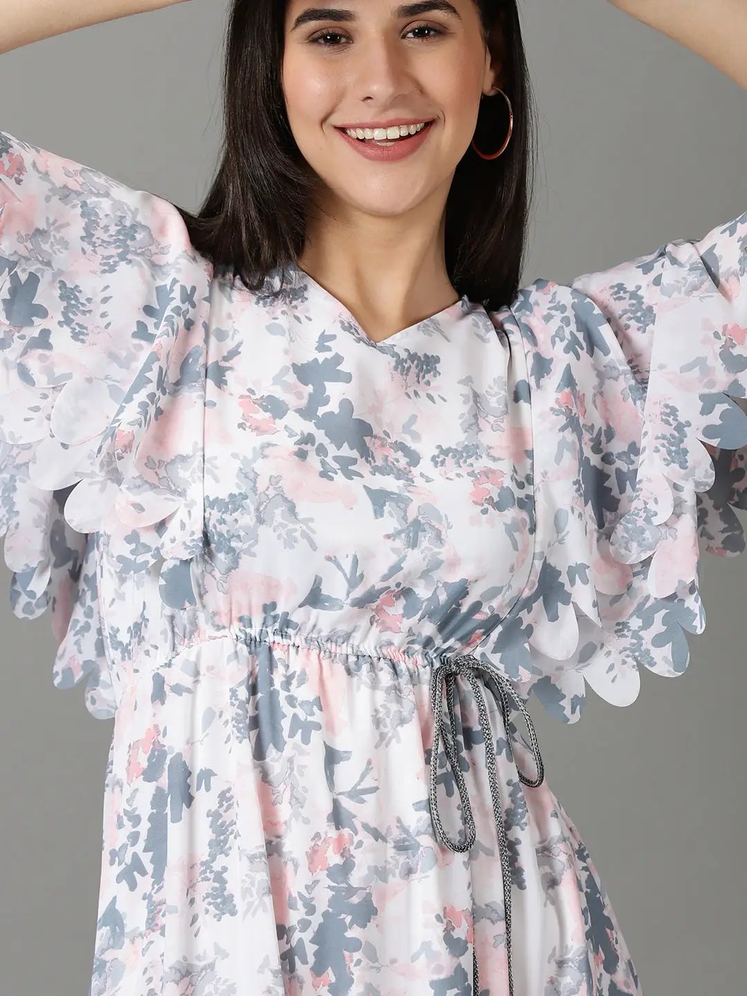 Women's V-Neck Printed Fit and Flare White Dress