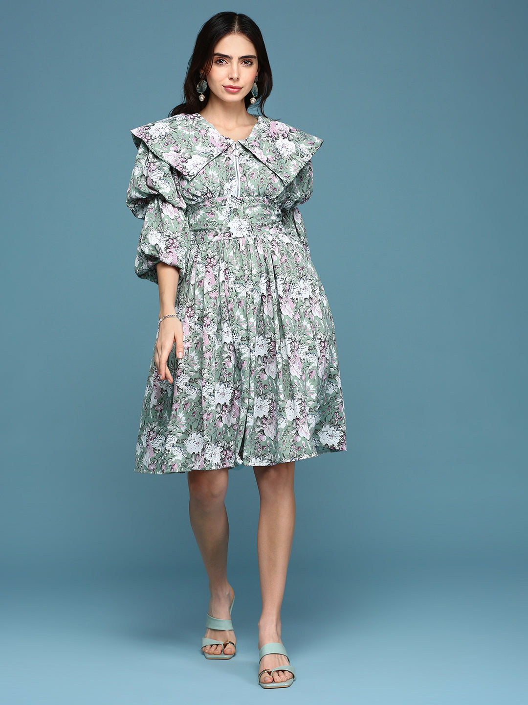 Women's Sea Green Printed Fit and Flare Dress