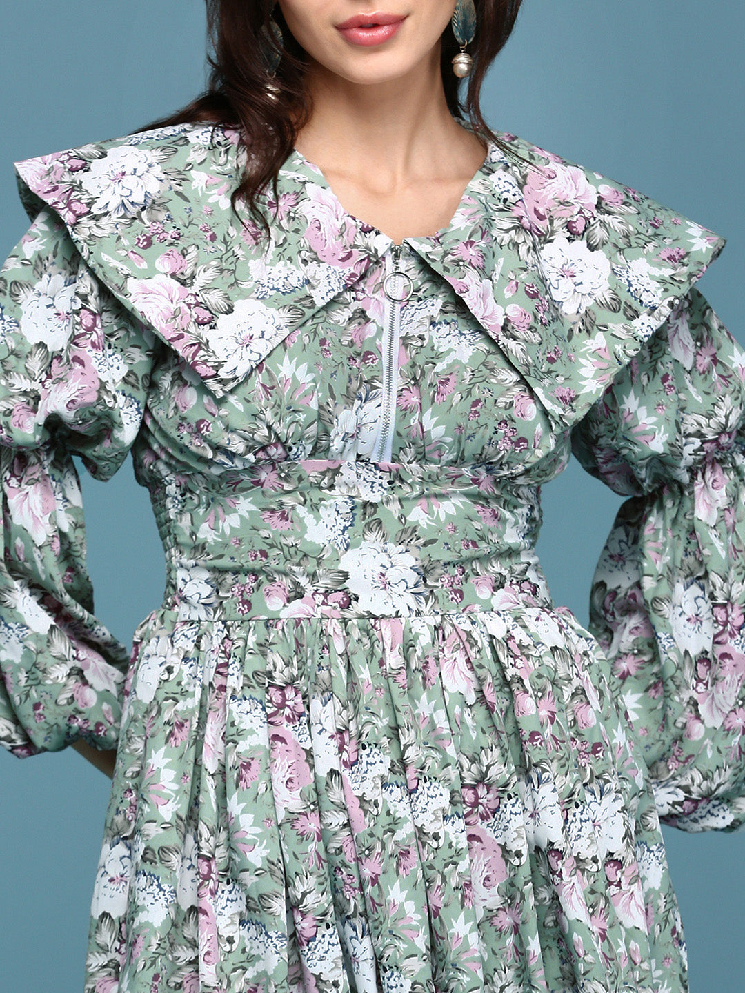 Women's Sea Green Floral Printed Puff Sleeves Gathered Fit & Flare Dress