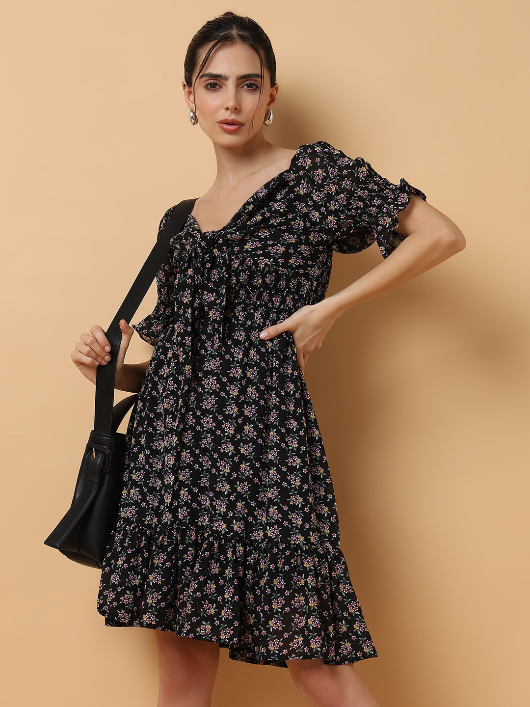 Women's Black Printed Fit and Flare Dress