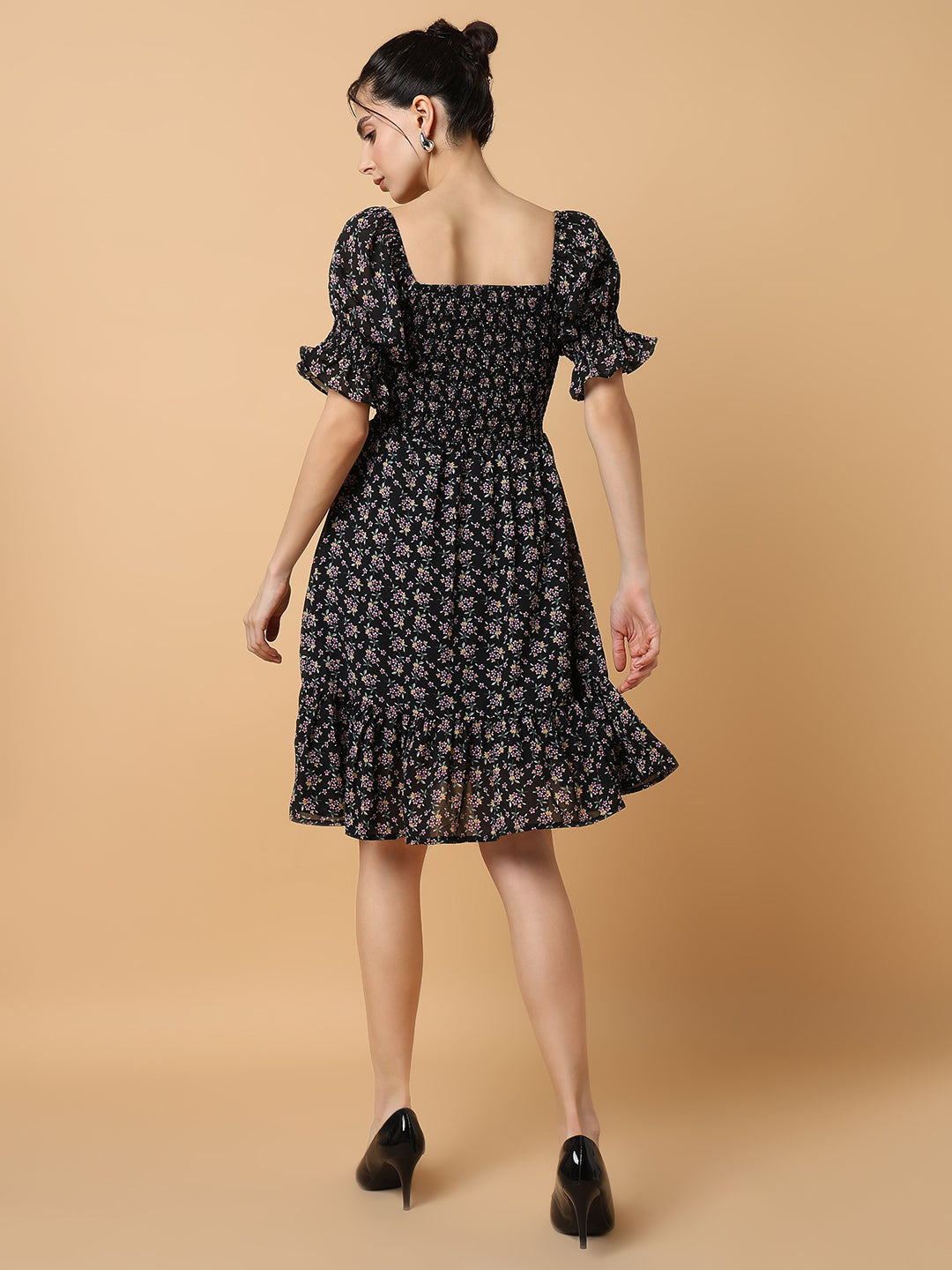 Women's Black Printed Fit and Flare Dress