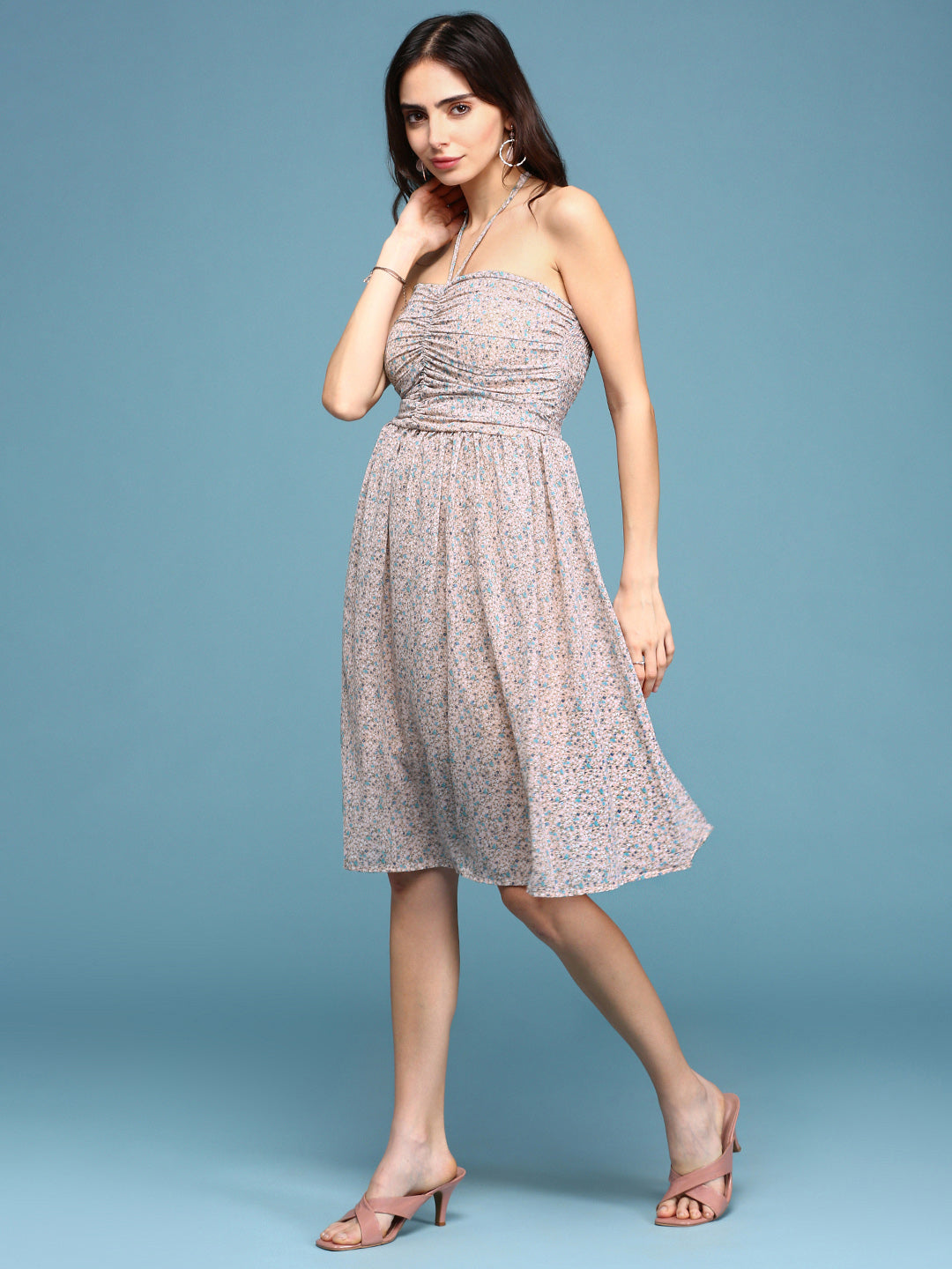 Women's Peach Printed Fit and Flare Dress