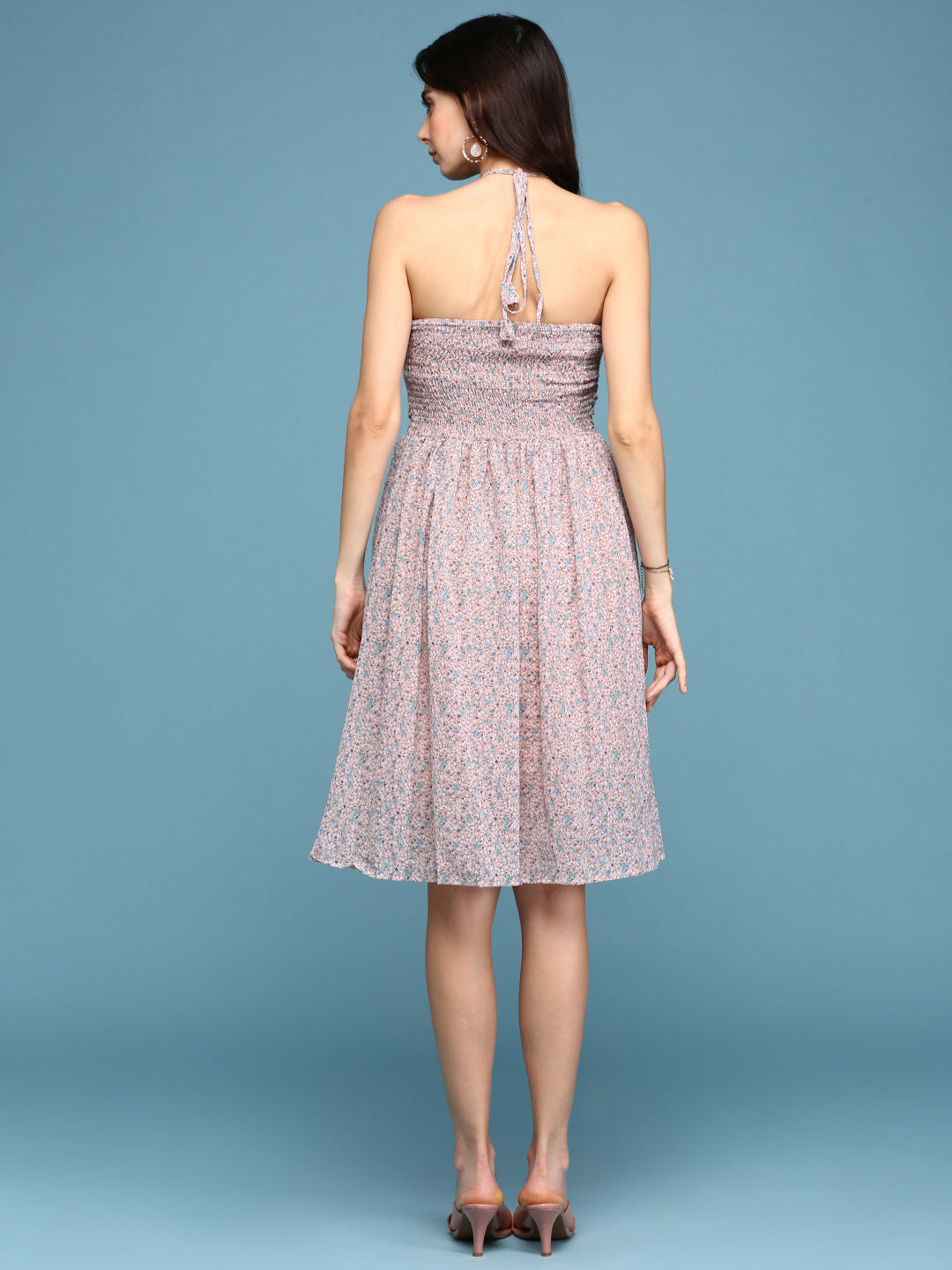 Women's Peach Printed Fit and Flare Dress