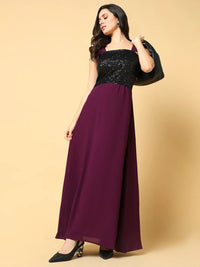 Women's Burgundy Flared Sleeve Sequined Maxi Dress