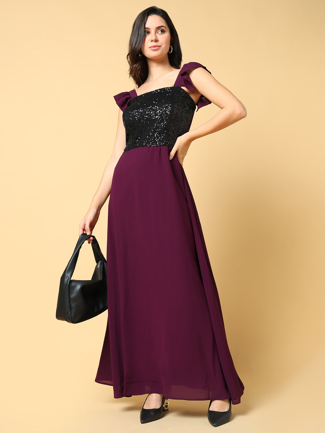 Women Solid Burgundy Maxi Dress