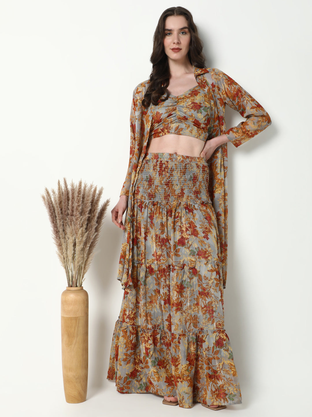 Women Brown Printed Co Ords Set with Shrug