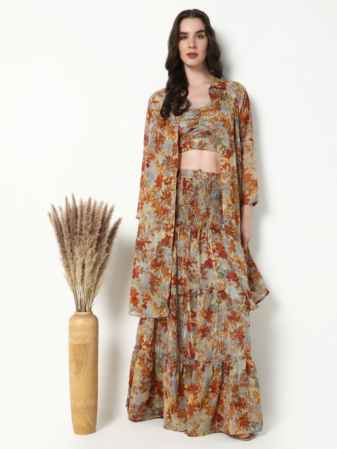 Women Brown Printed Co Ords Set with Shrug