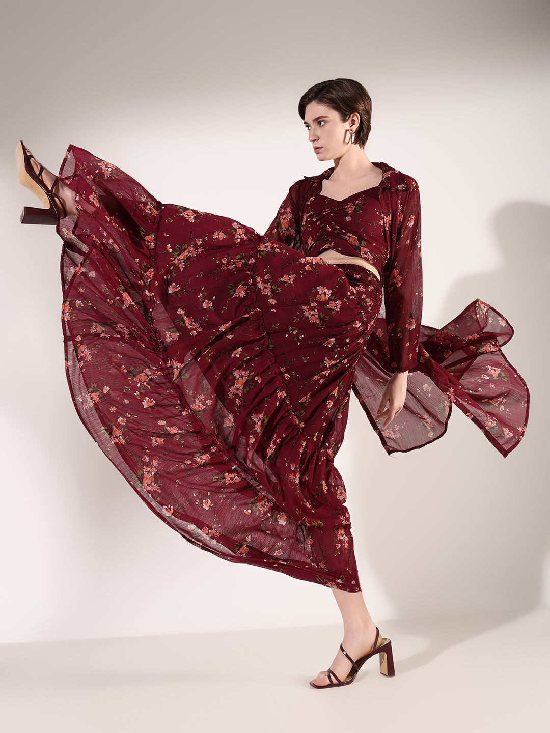 Women Printed Burgundy Co Ords Set with Shrug