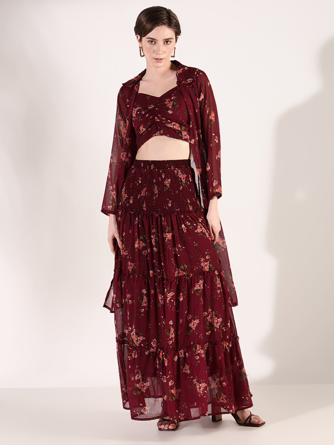 Women Printed Burgundy Co Ords Set with Shrug