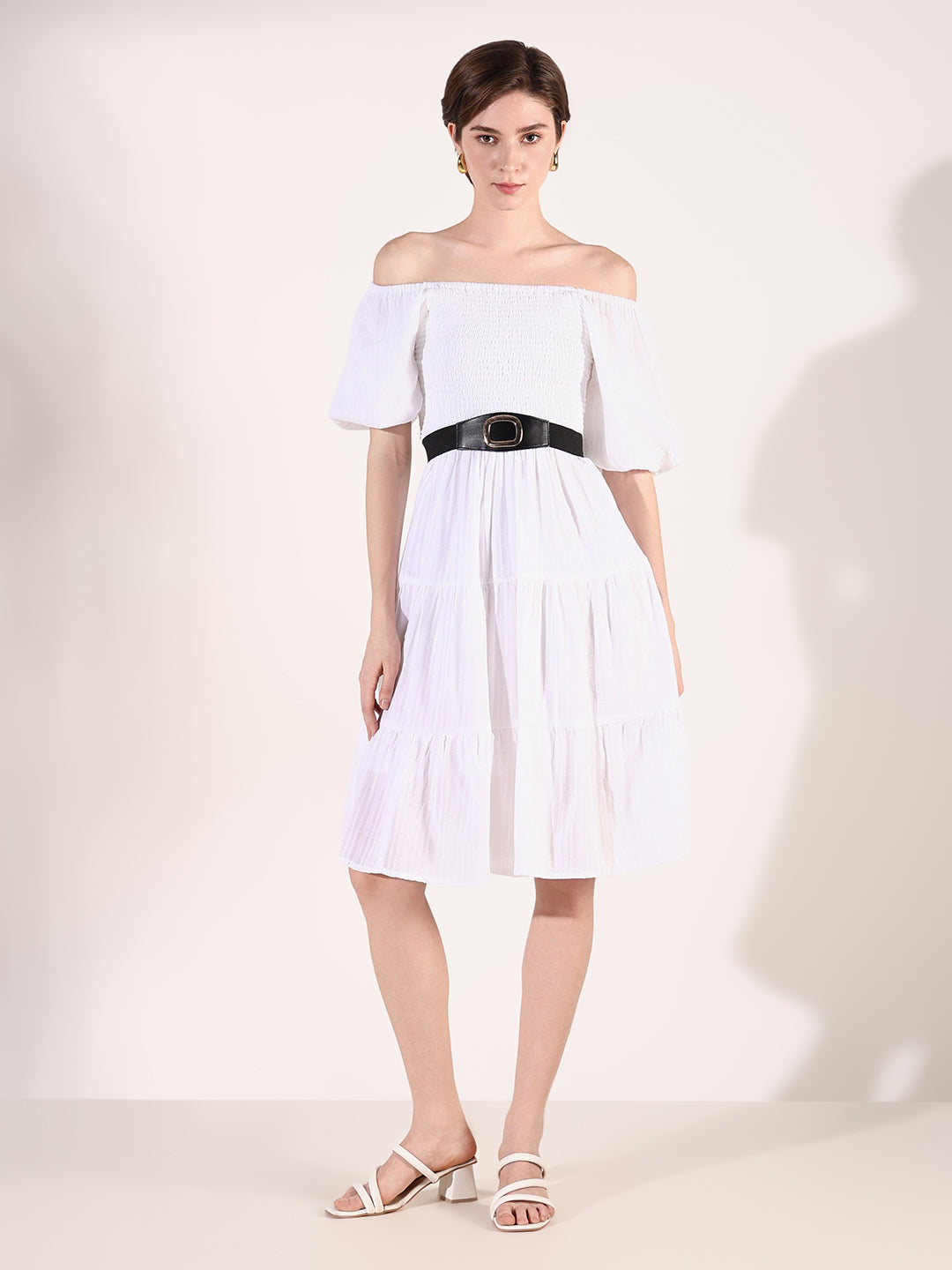 Women White Solid Fit and Flare Dress with Belt