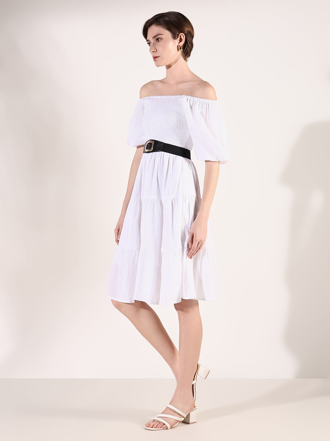 Women White Solid Fit and Flare Dress with Belt