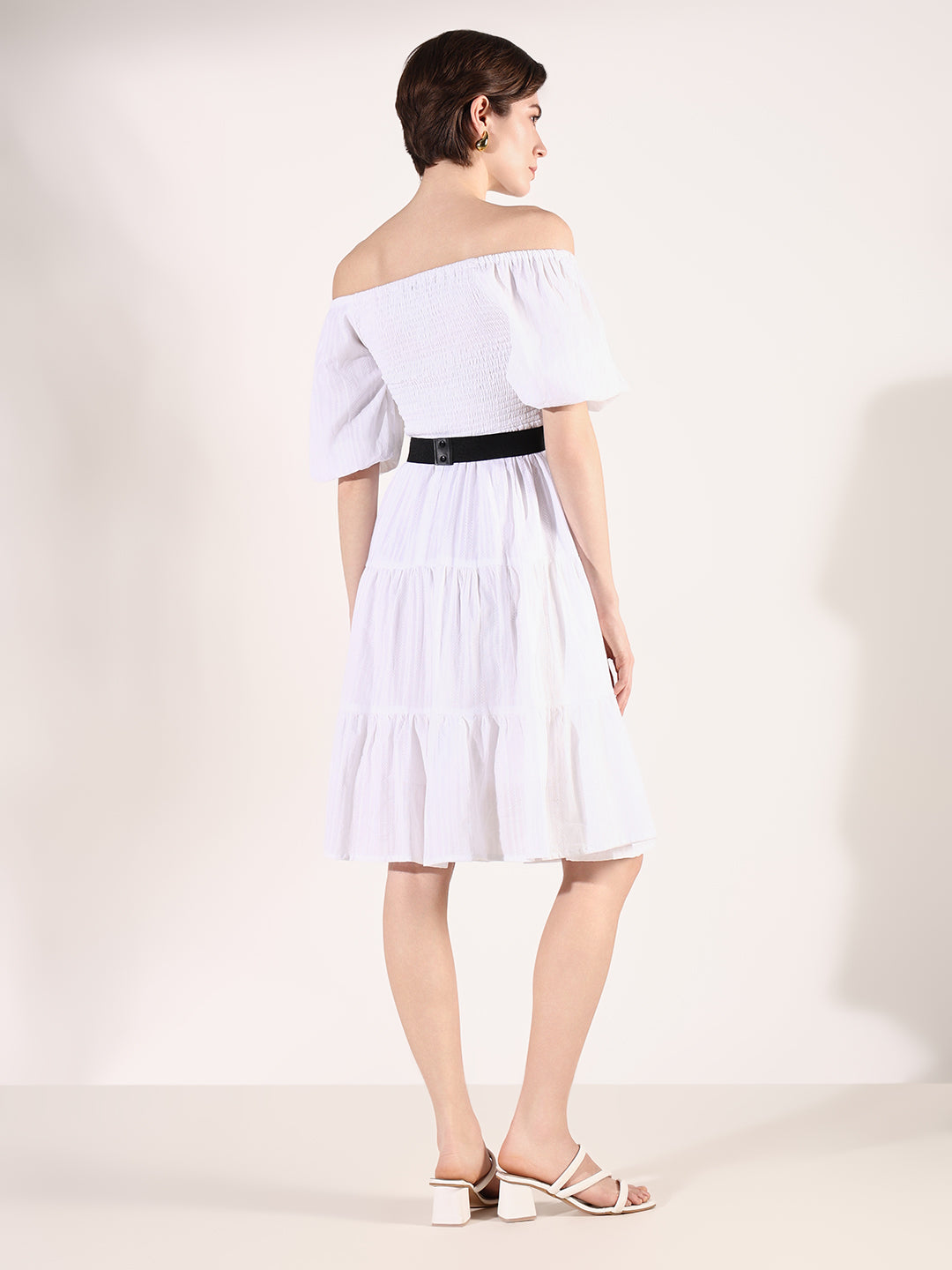 Women White Solid Fit and Flare Dress with Belt