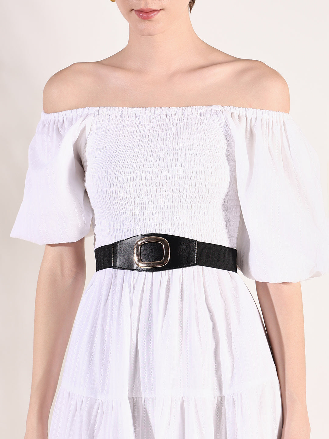 Women White Solid Fit and Flare Dress with Belt