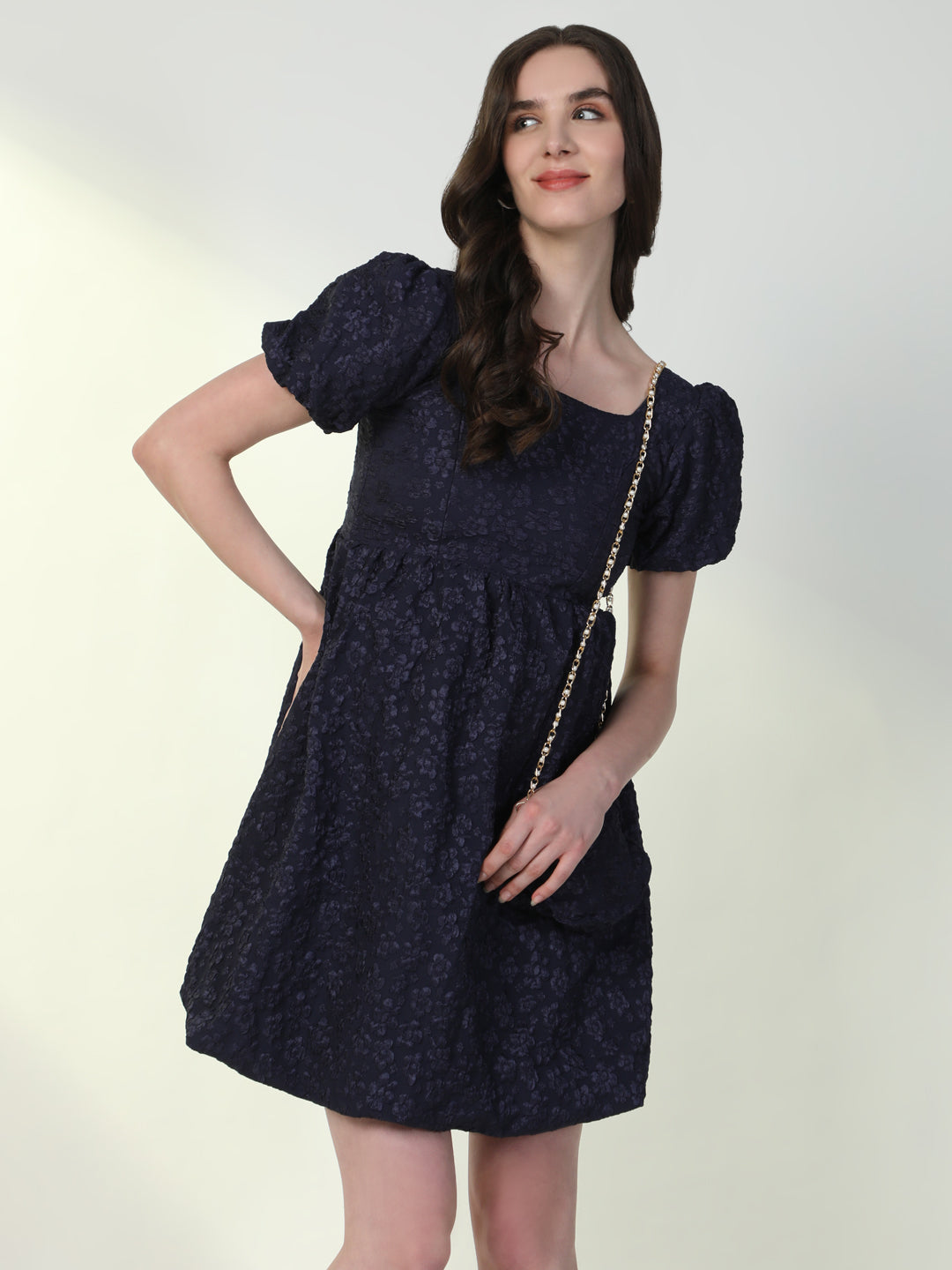 Women Solid Navy Blue Flared Dress with Bag