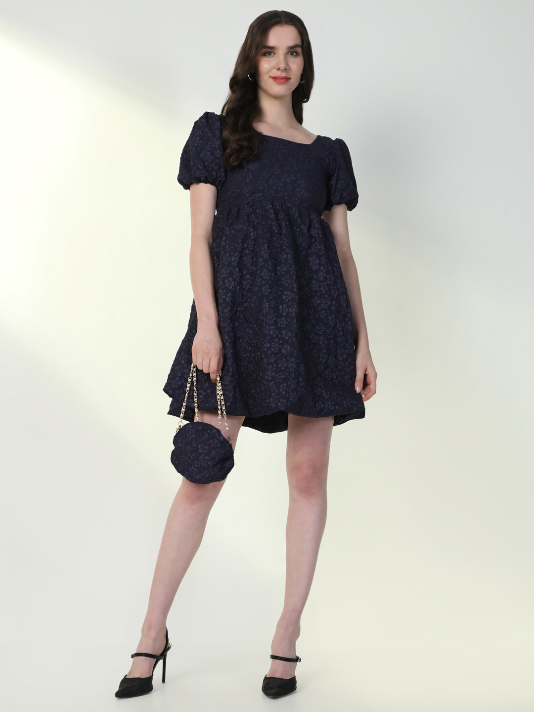 Women Solid Navy Blue Flared Dress with Bag