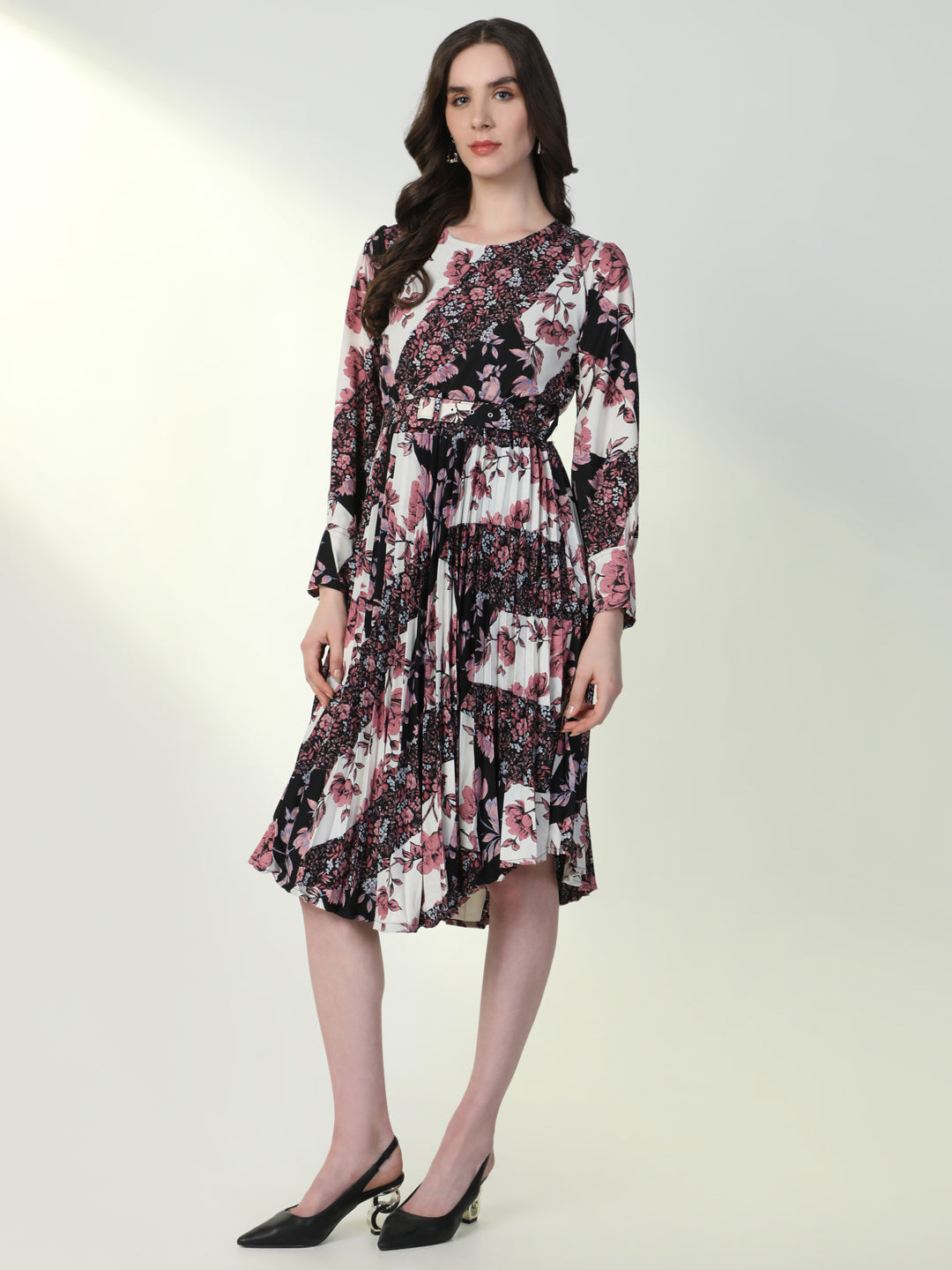 Women Floral Black Flared Dress with Belt