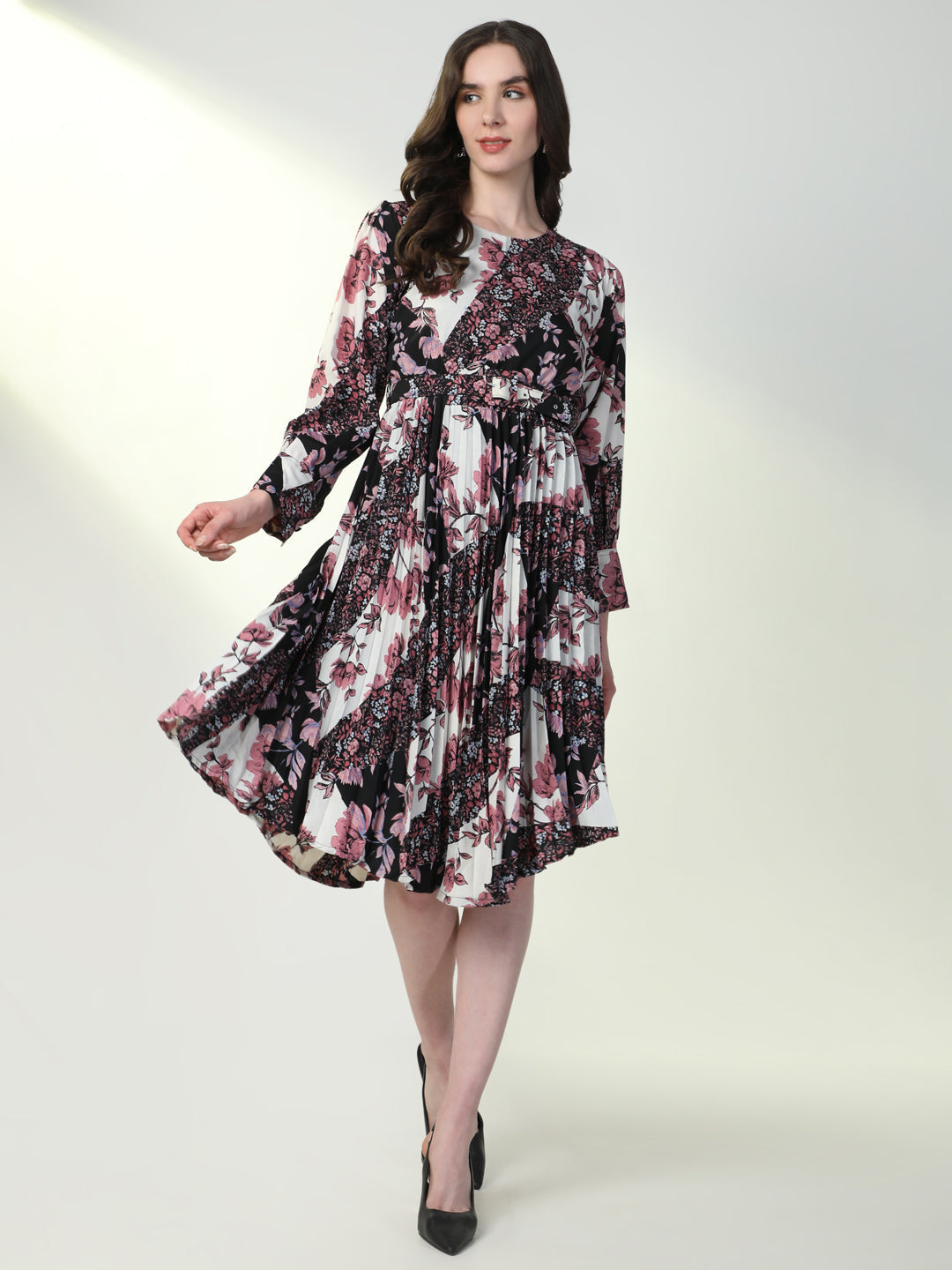 Women Floral Black Flared Dress with Belt