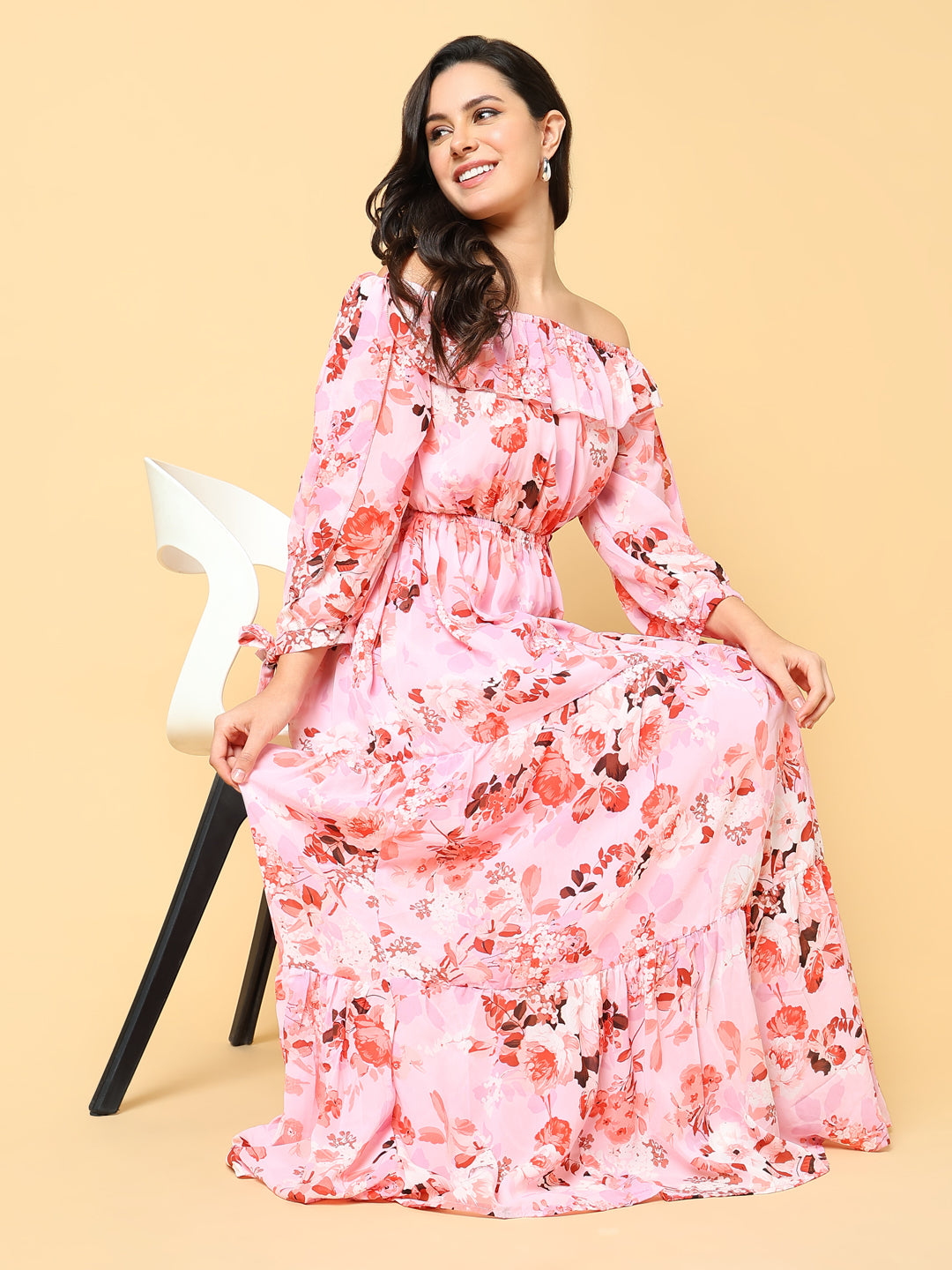 Women Printed Pink Fit and Flare Dress