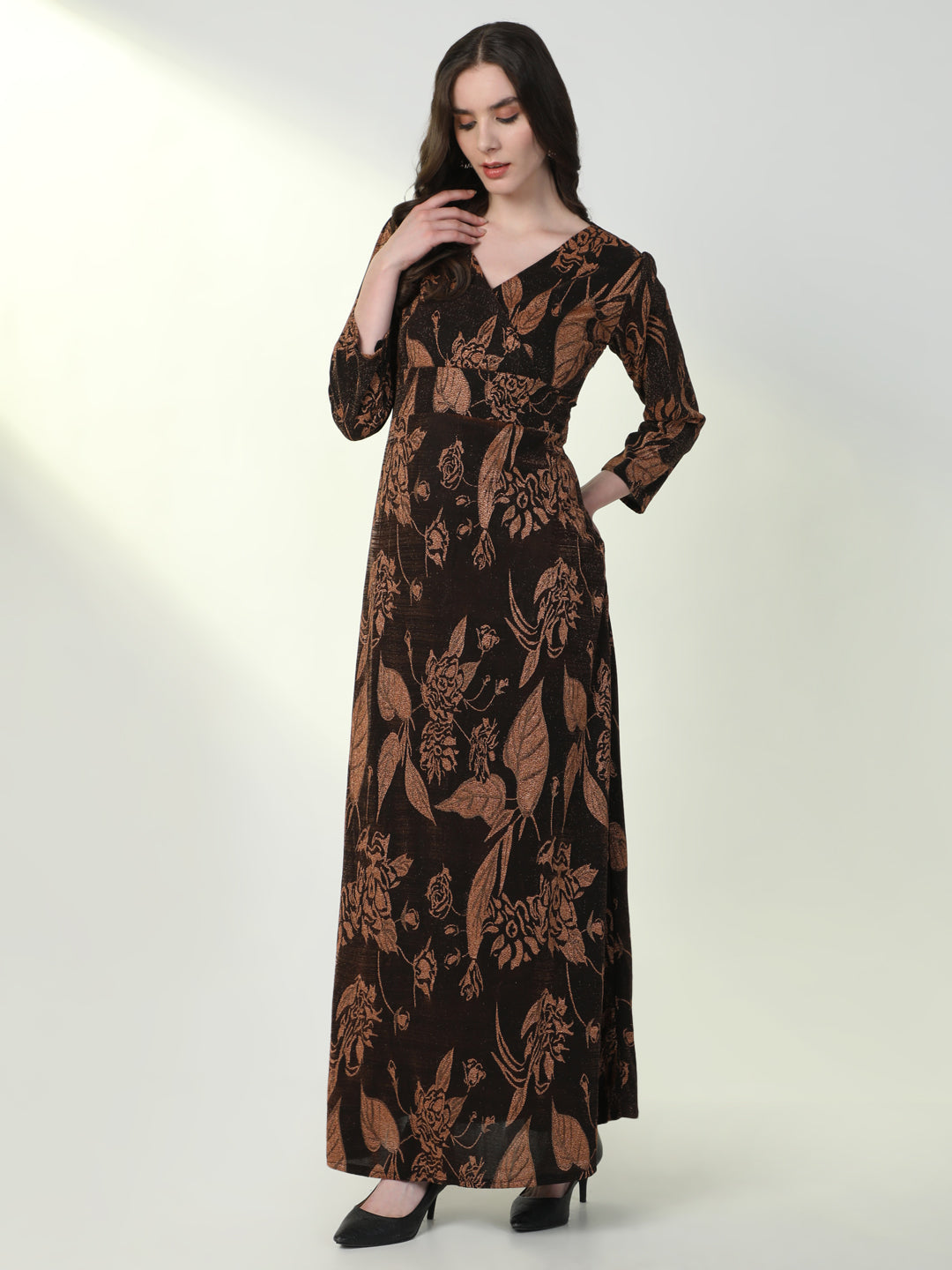 Women Floral Brown Flared Dress