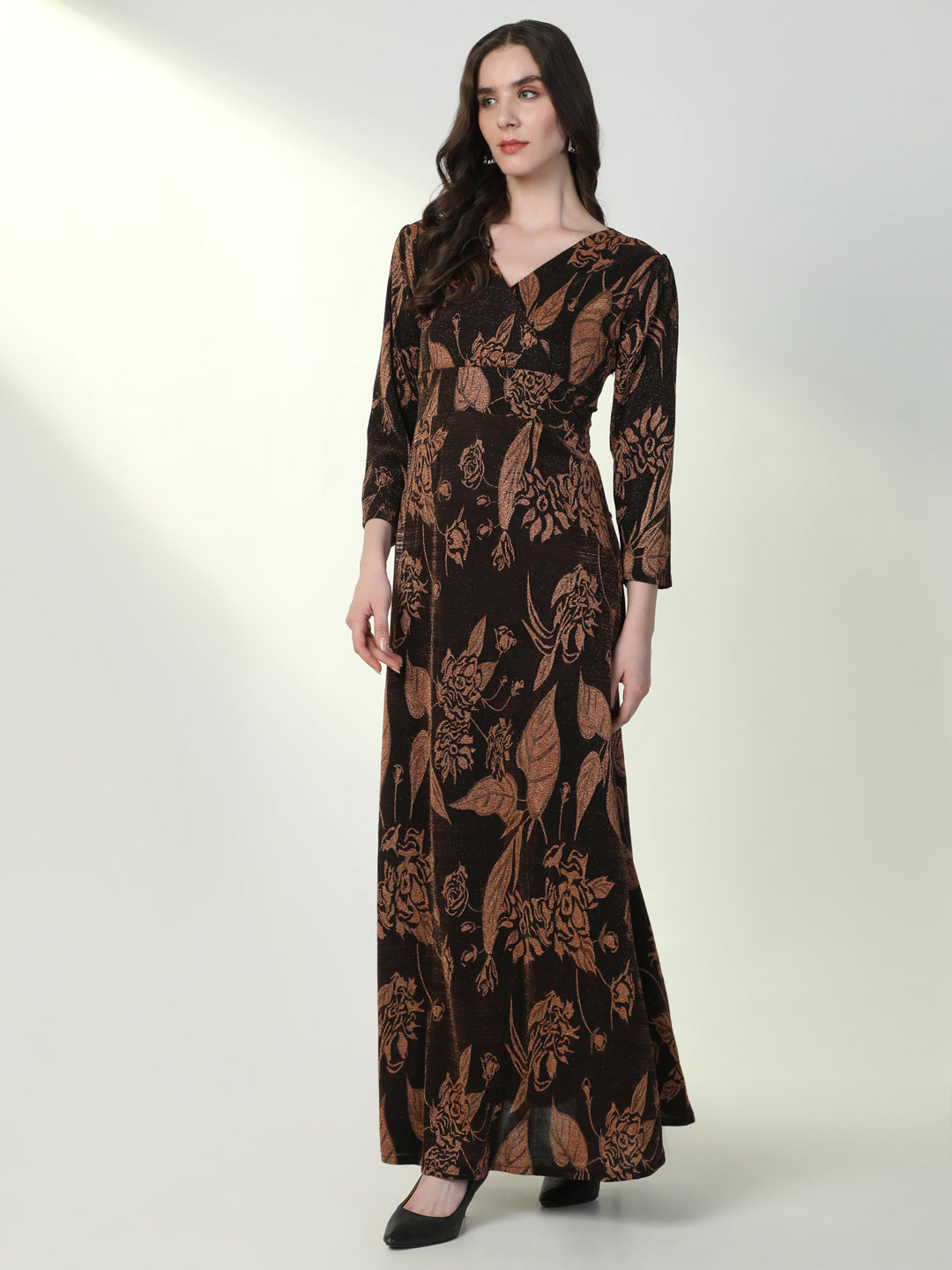 Women Floral Brown Flared Dress