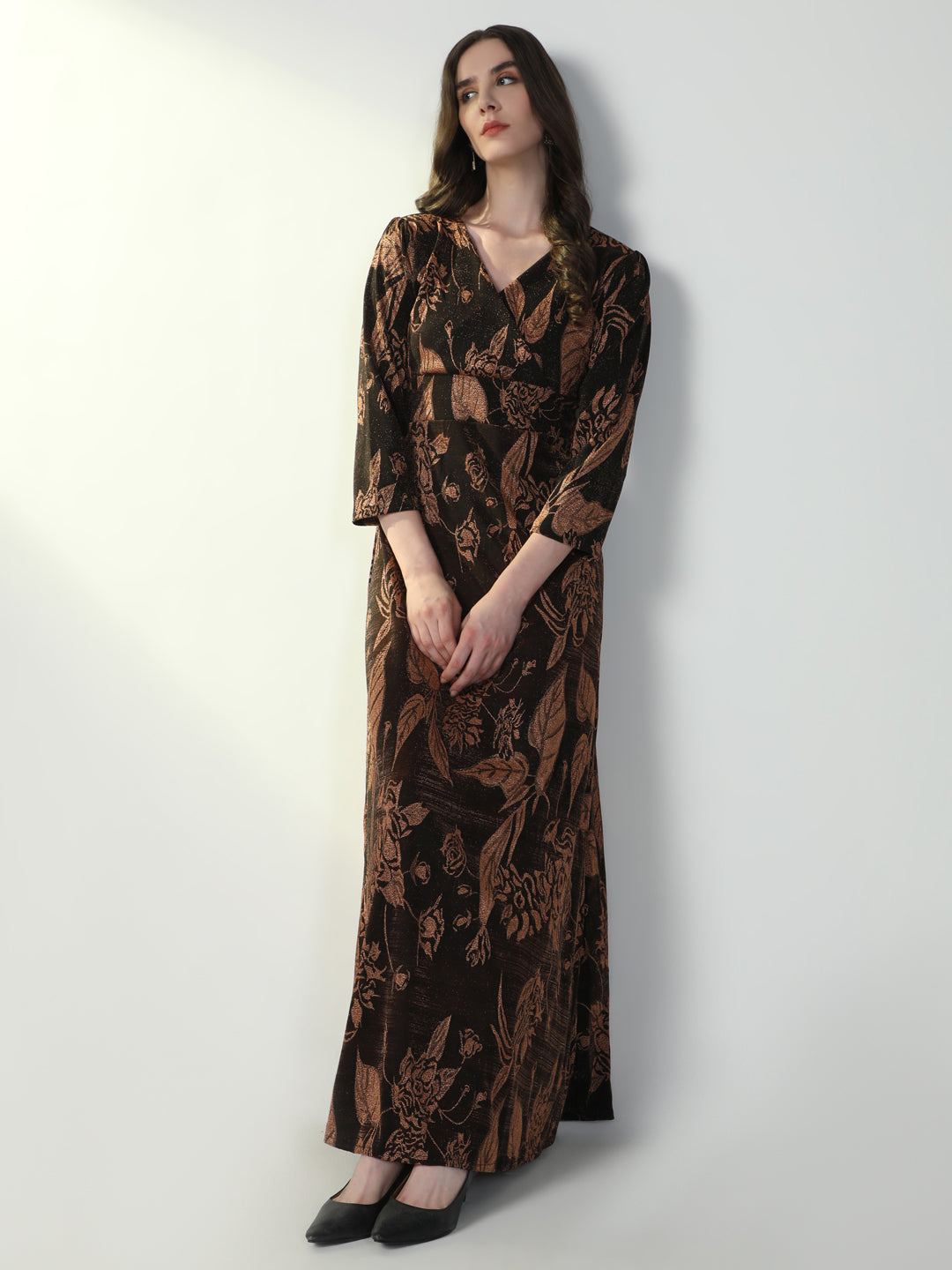 Women Floral Brown Flared Dress