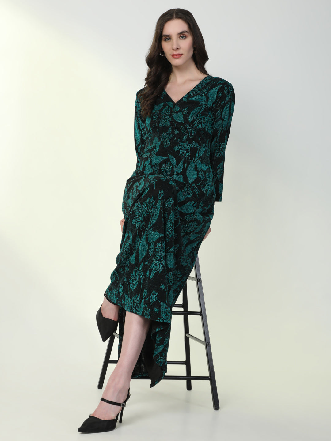 Women Floral Green Flared Dress