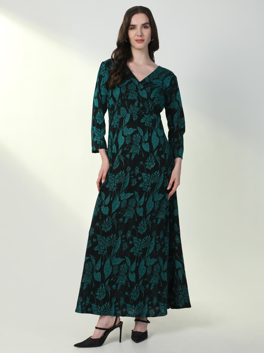 Women Floral Green Flared Dress