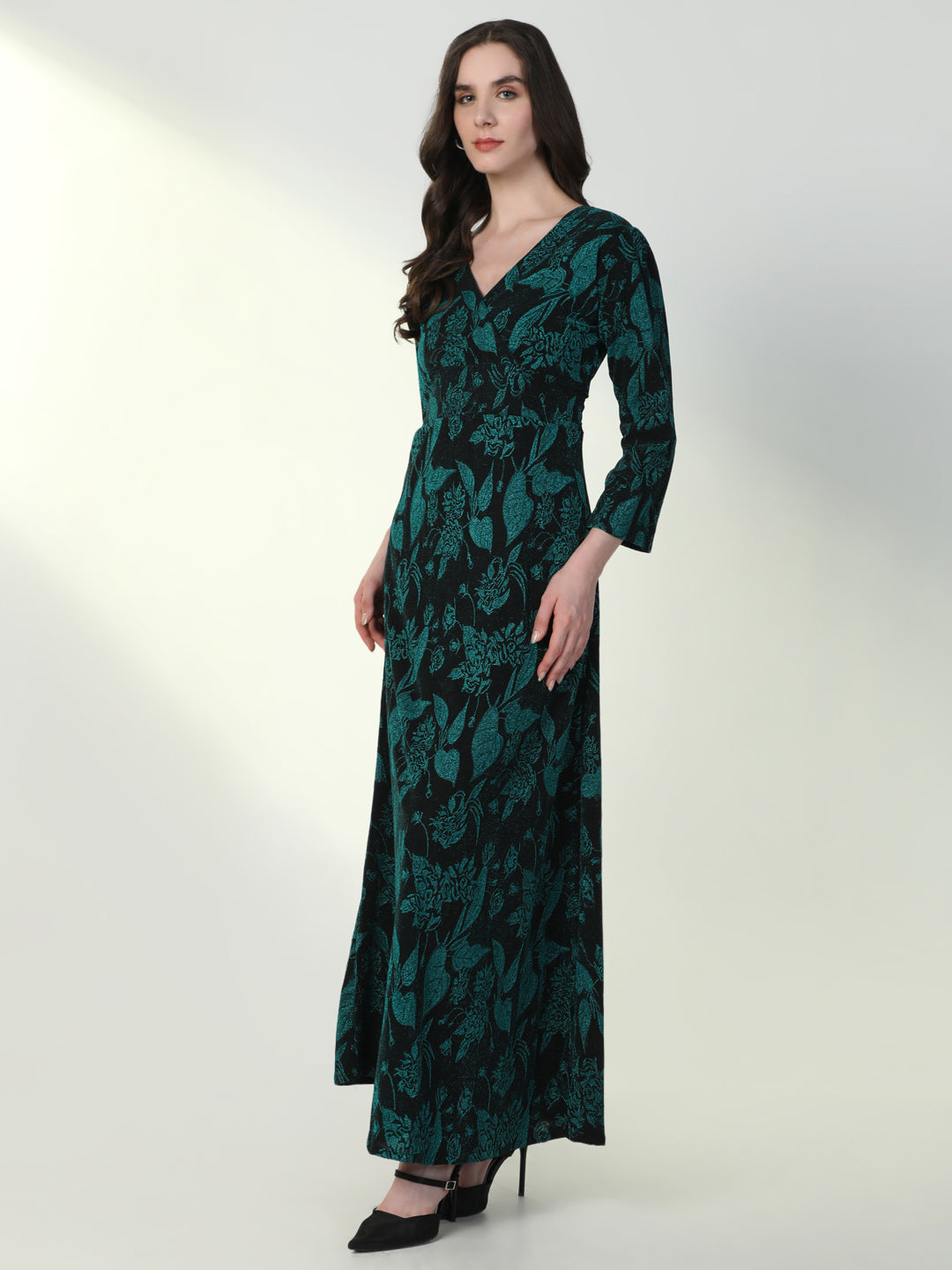 Women Floral Green Flared Dress