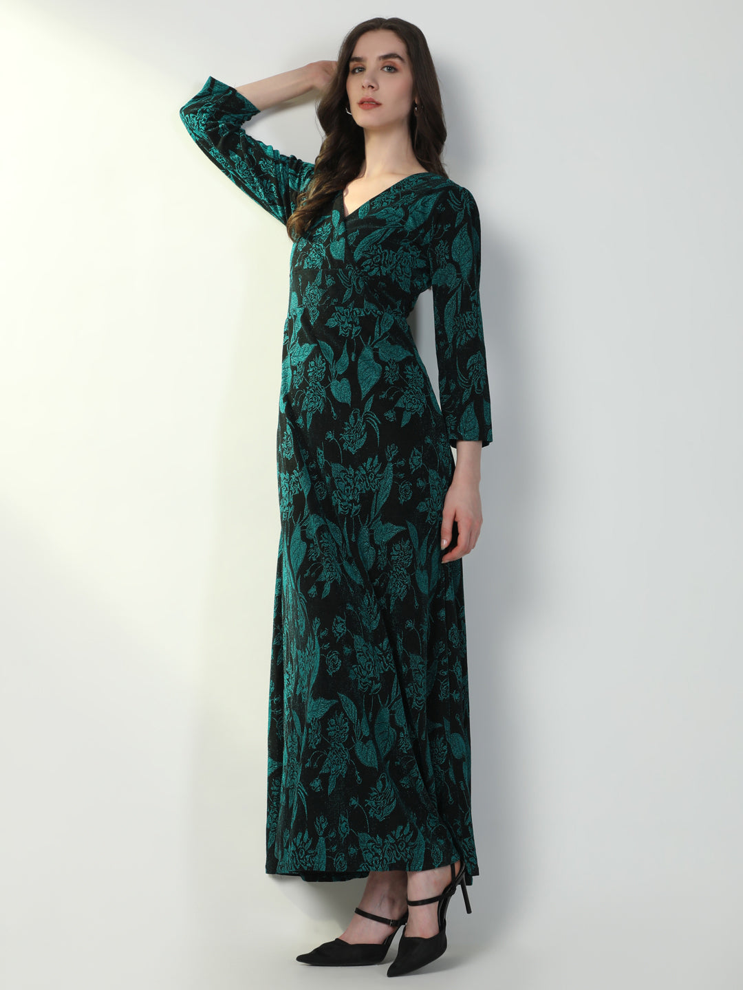 Women Floral Green Flared Dress