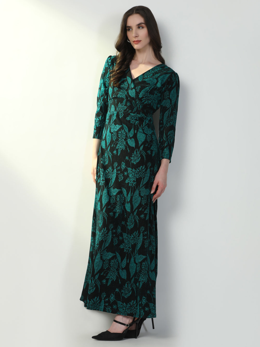 Women Floral Green Flared Dress